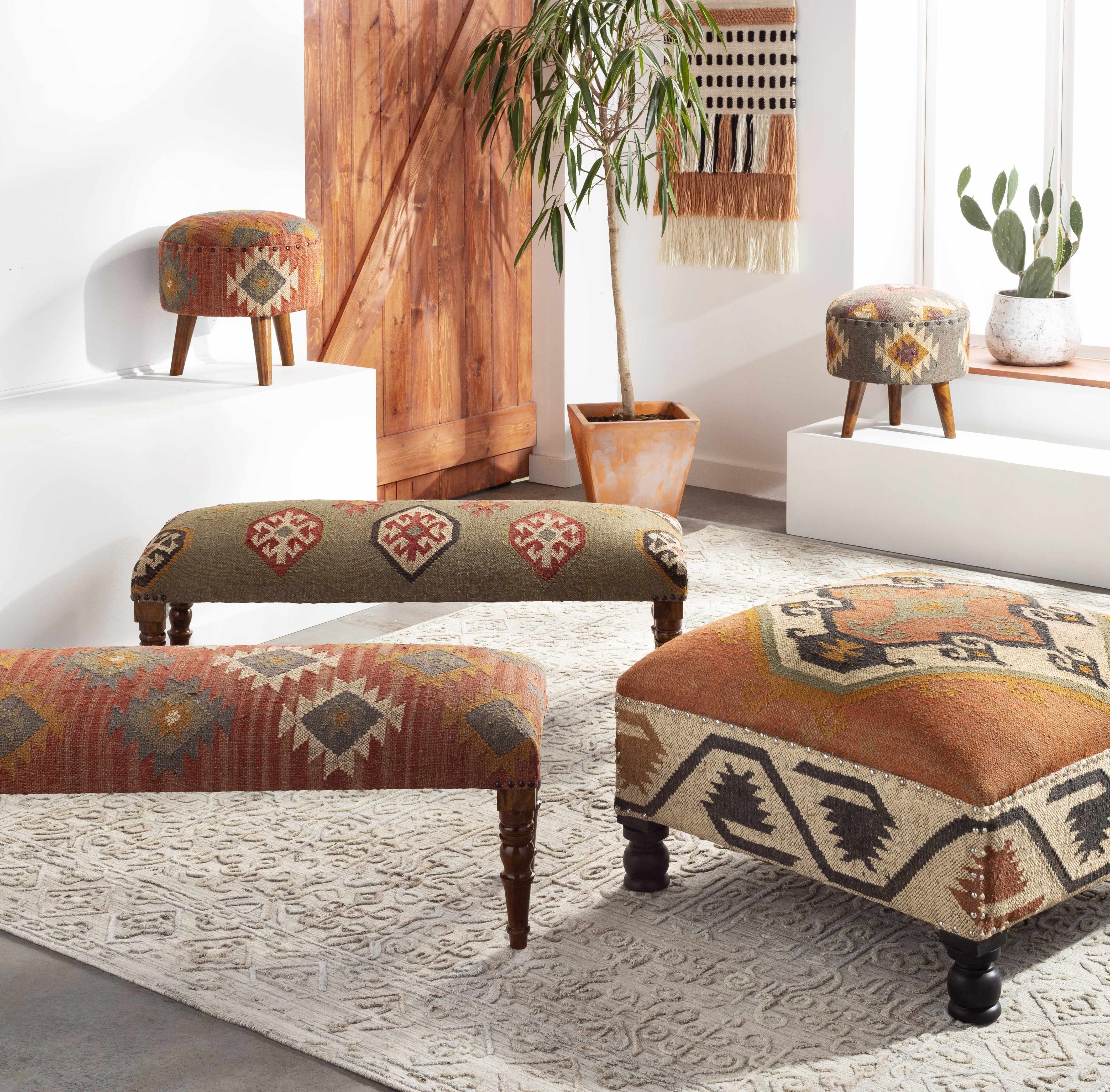 Brick Red Wood Frame Ottoman Stool - Image 4