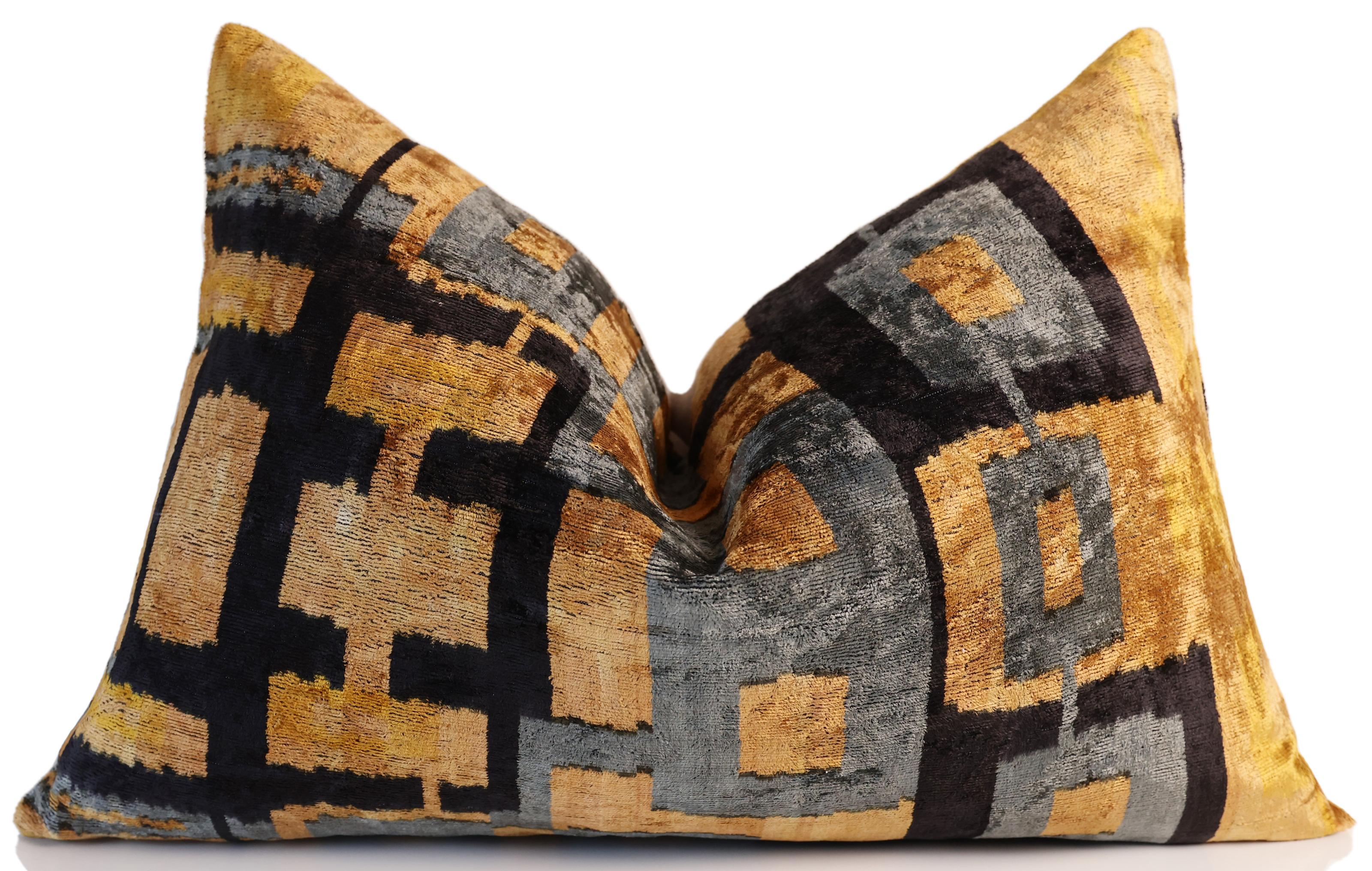 Bronze and Blue Geometric Silk Velvet Pillow 16x24 Handmade Luxury Cushion - Image 5