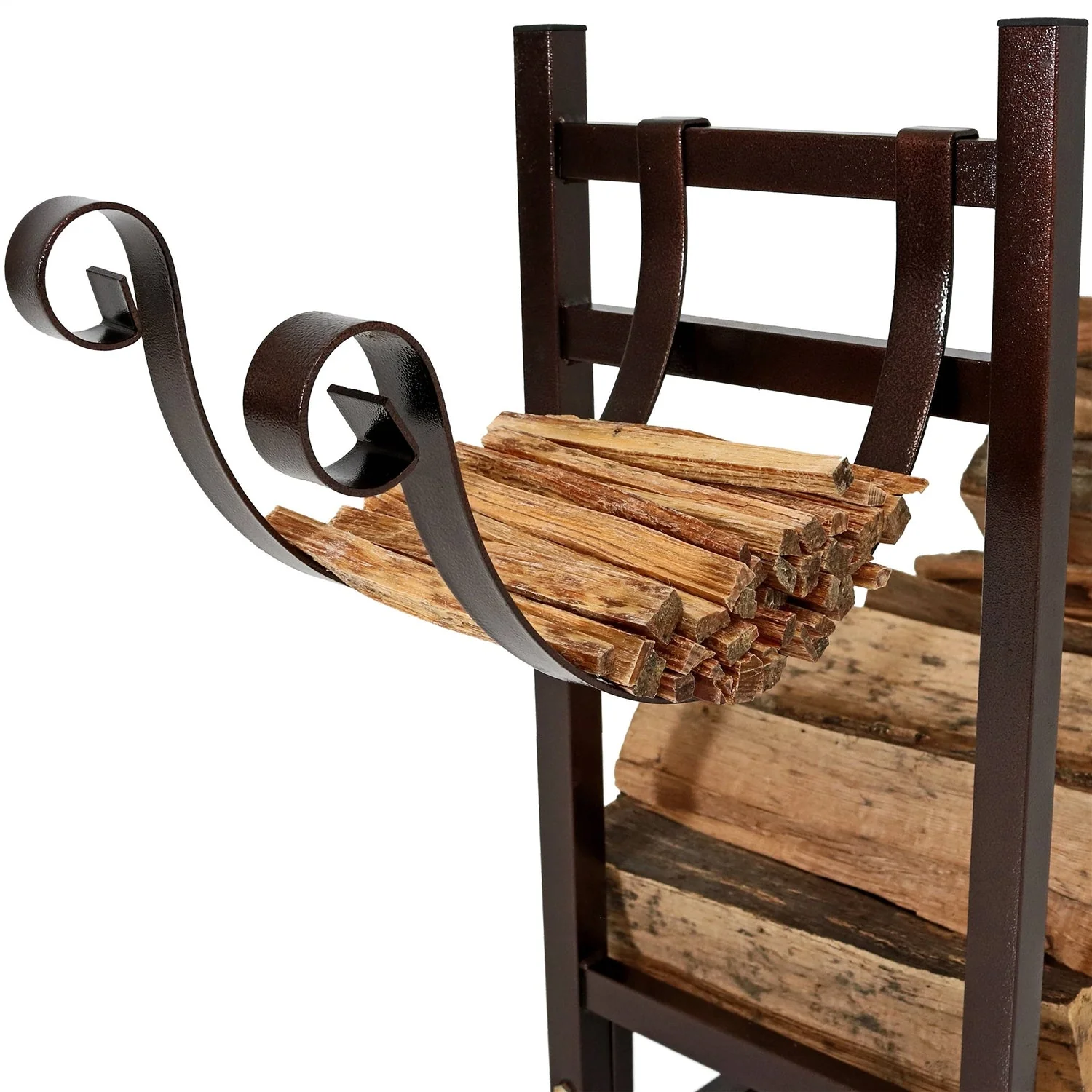 Bronze Metal Indoor/Outdoor Firewood Log Rack with Removeable Kindle Holder - Image 4