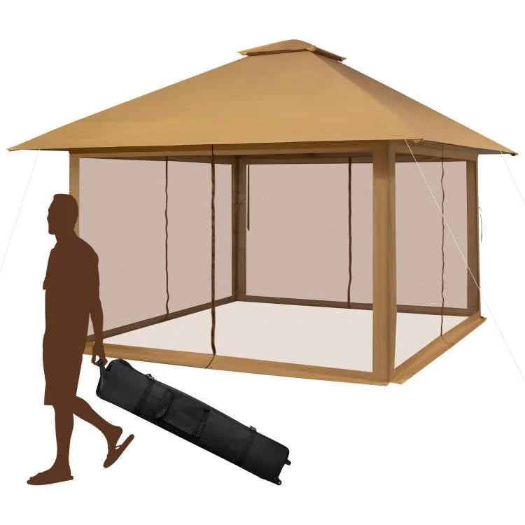 Brown 13 x 13 Ft Pop-Up Gazebo Outdoor Canopy w/ Mesh Mosquito Netting Sidewalls - Image 2