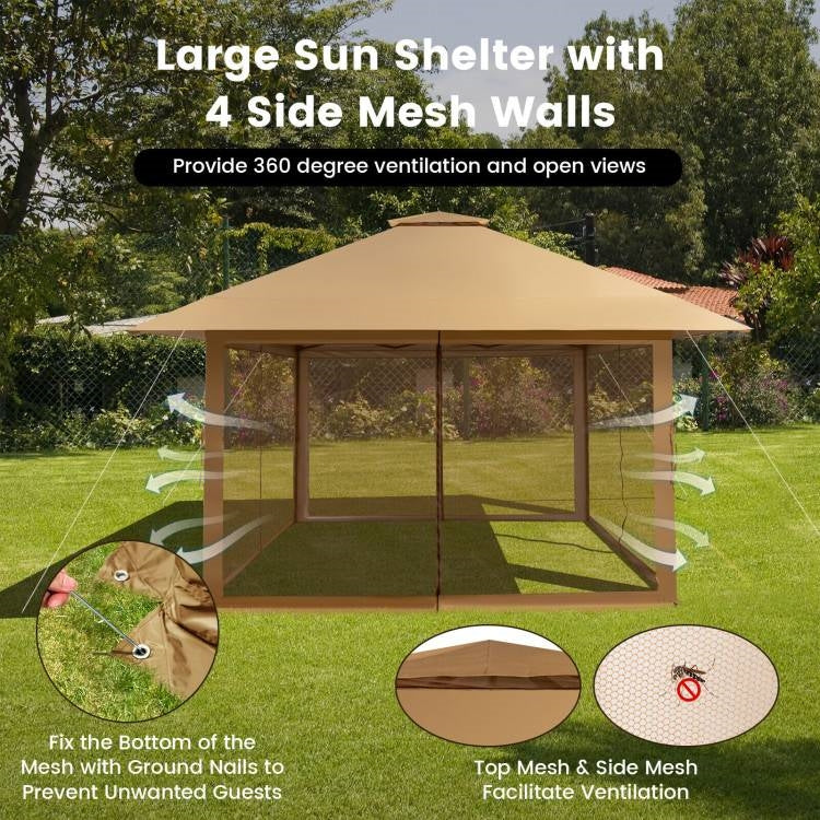Brown 13 x 13 Ft Pop-Up Gazebo Outdoor Canopy w/ Mesh Mosquito Netting Sidewalls - Image 3