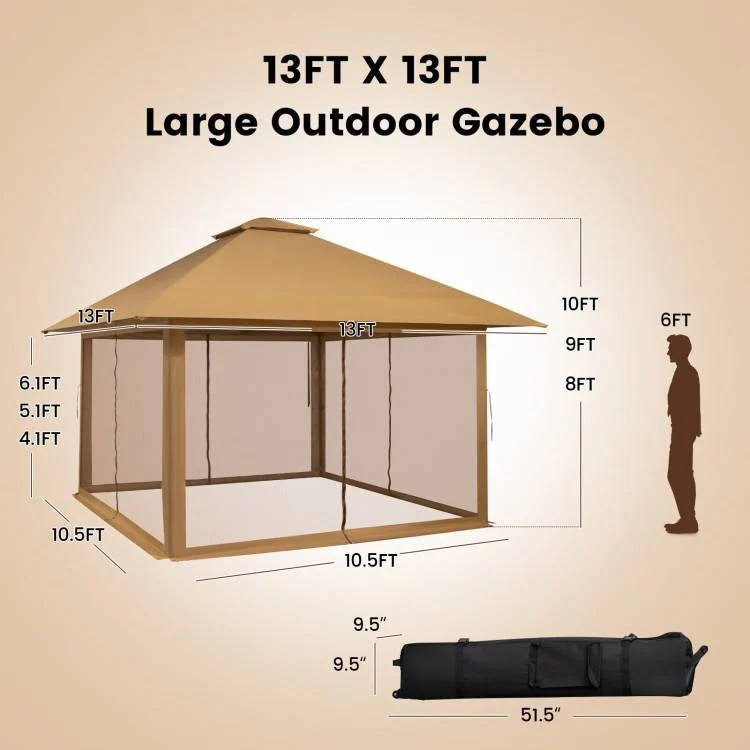 Brown 13 x 13 Ft Pop-Up Gazebo Outdoor Canopy w/ Mesh Mosquito Netting Sidewalls - Image 5