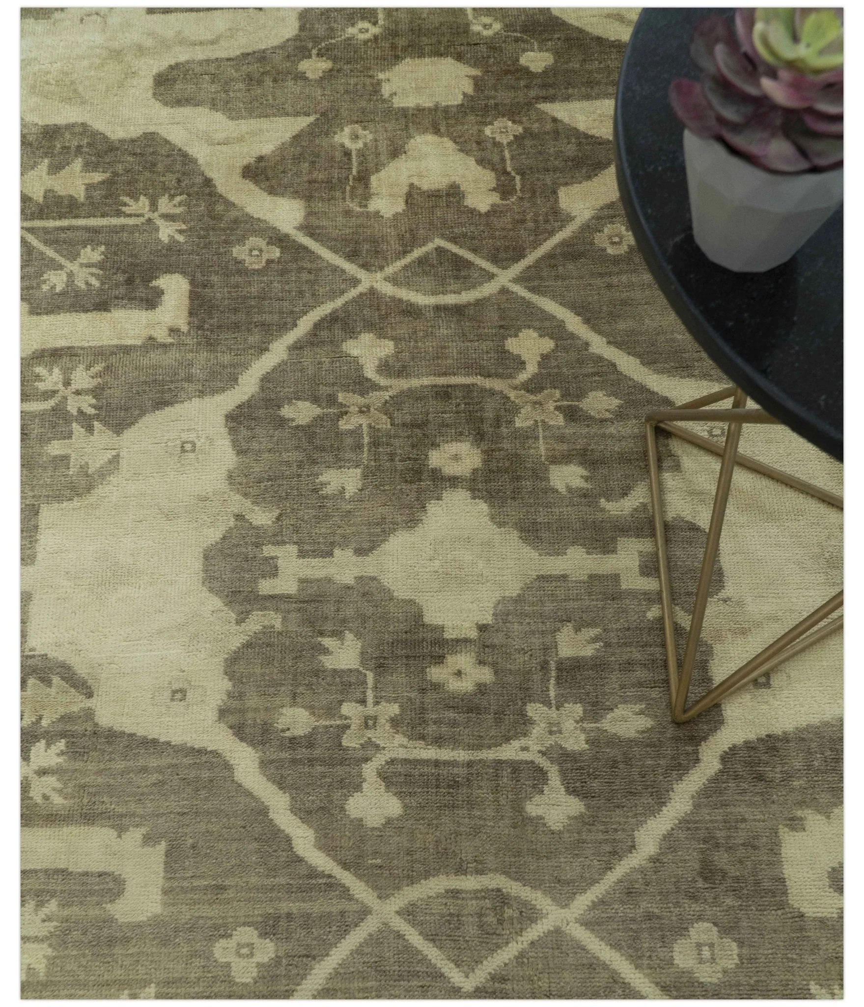 Brown And Beige Traditional Oushak Hand knotted Wool Area Rug - Image 3