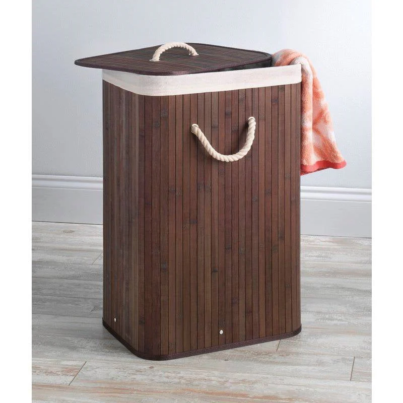 Brown Bamboo Laundry Hamper Dirty Clothes Basket with Lid and Removable Bag - Image 2