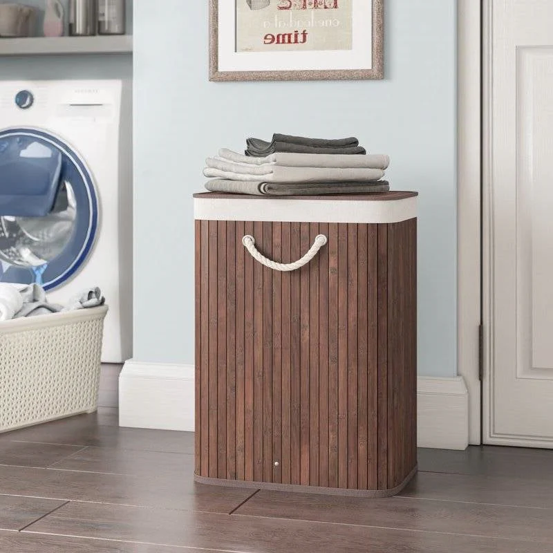 Brown Bamboo Laundry Hamper Dirty Clothes Basket with Lid and Removable Bag - Image 3