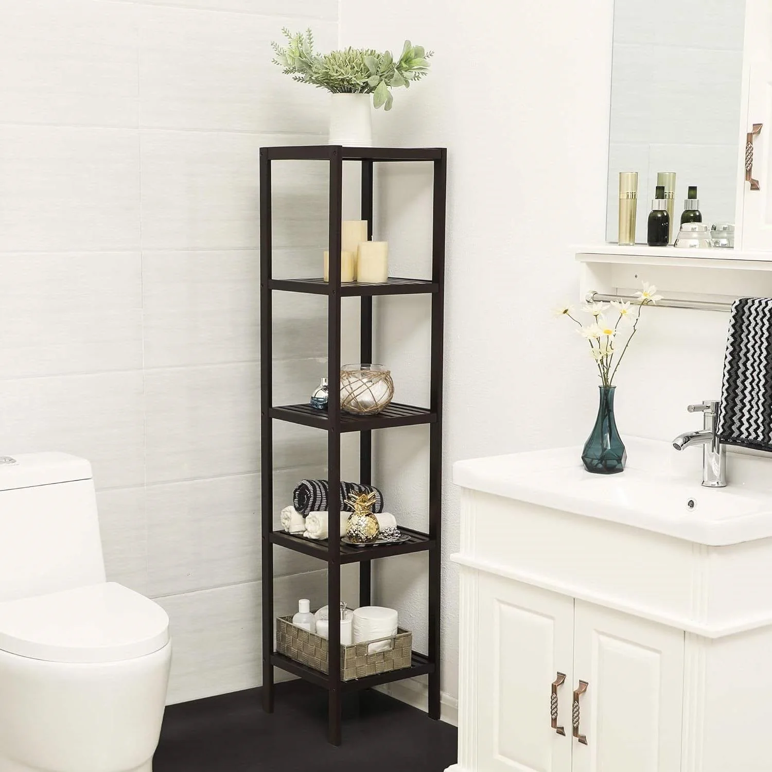 Brown Bamboo Wood 4-Shelf Versatile Storage Unit Rack Narrow Bookcase - Image 3