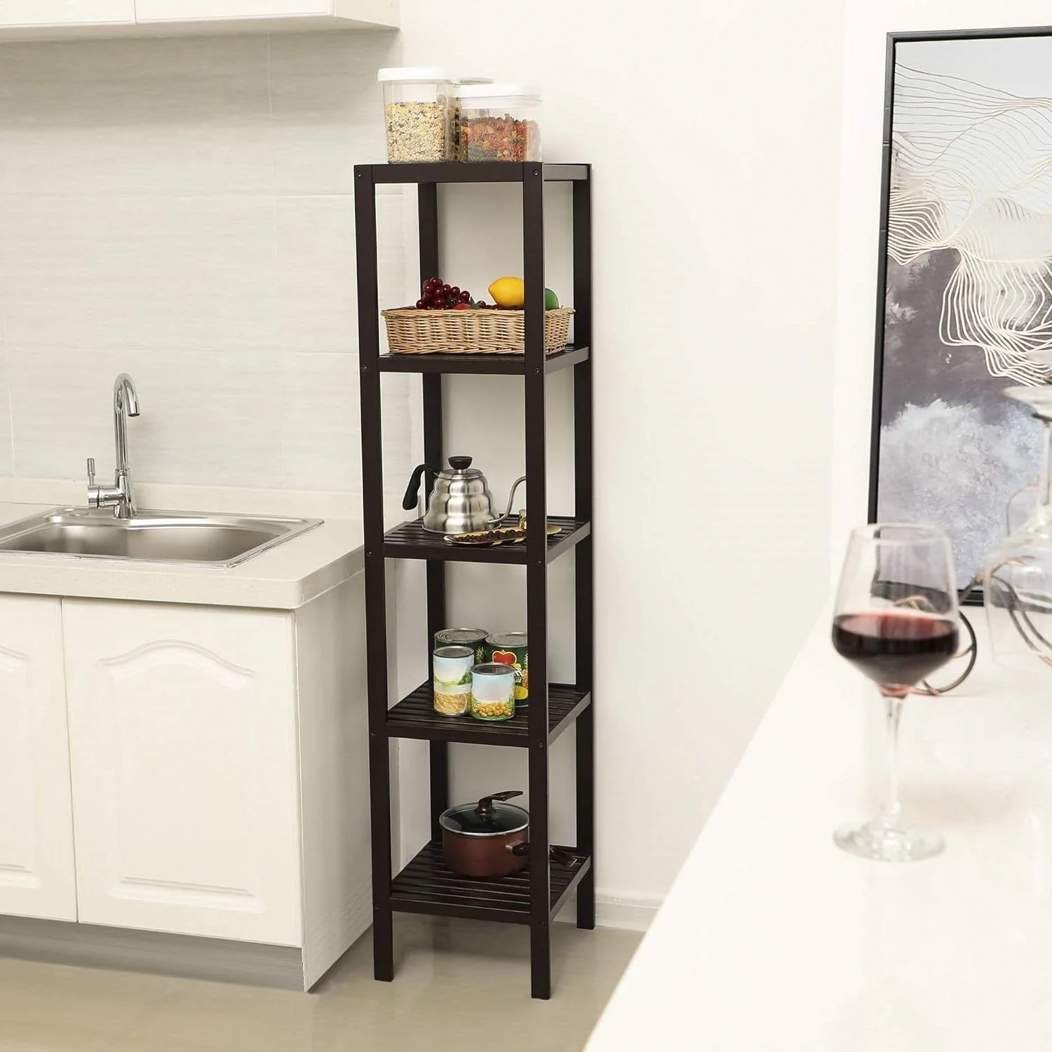 Brown Bamboo Wood 4-Shelf Versatile Storage Unit Rack Narrow Bookcase - Image 4