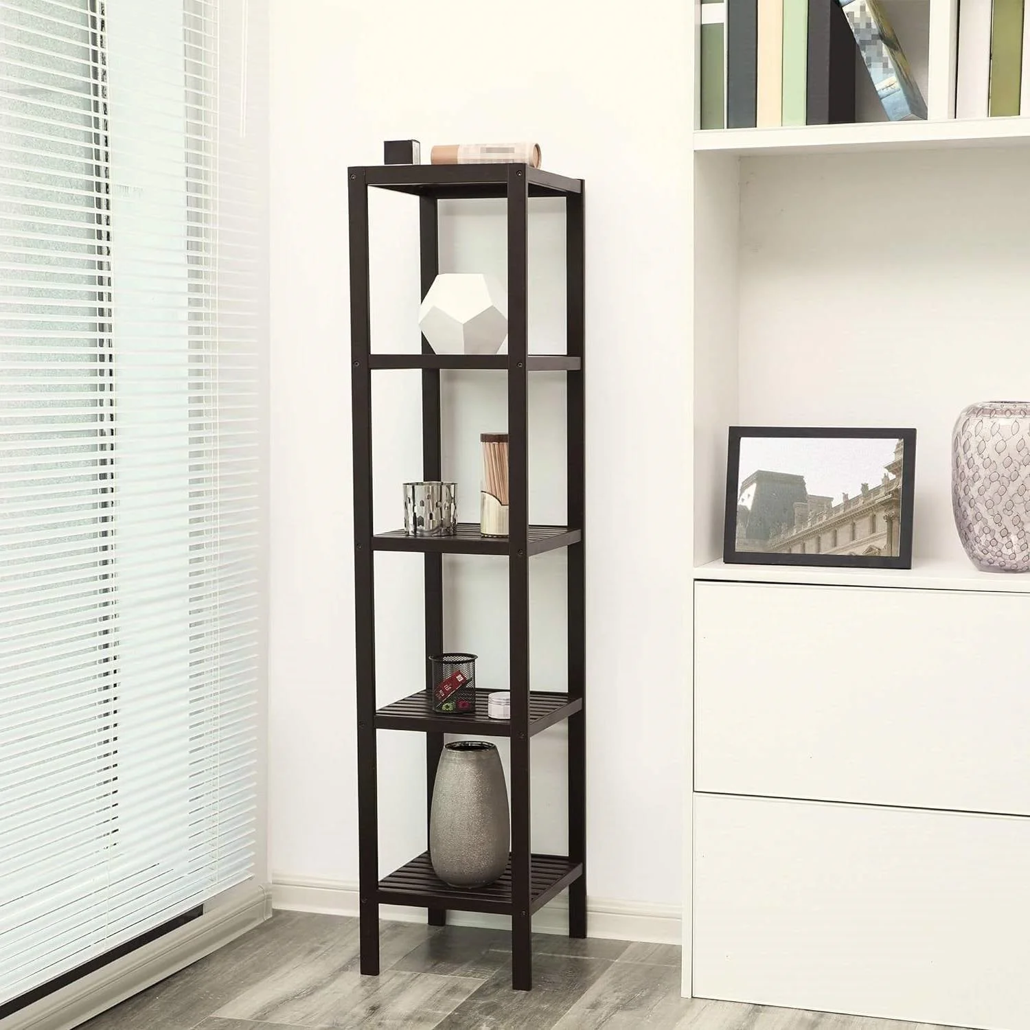 Brown Bamboo Wood 4-Shelf Versatile Storage Unit Rack Narrow Bookcase - Image 5
