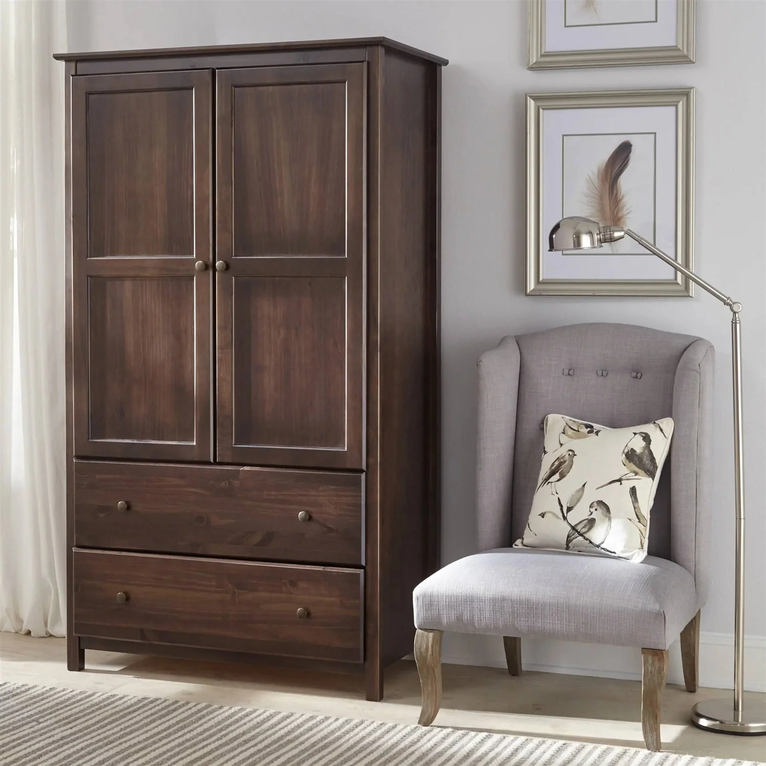 Brown Espresso Solid Wood Bedroom Armoire Wardrobe Cabinet with Hanging Bar - Image 3