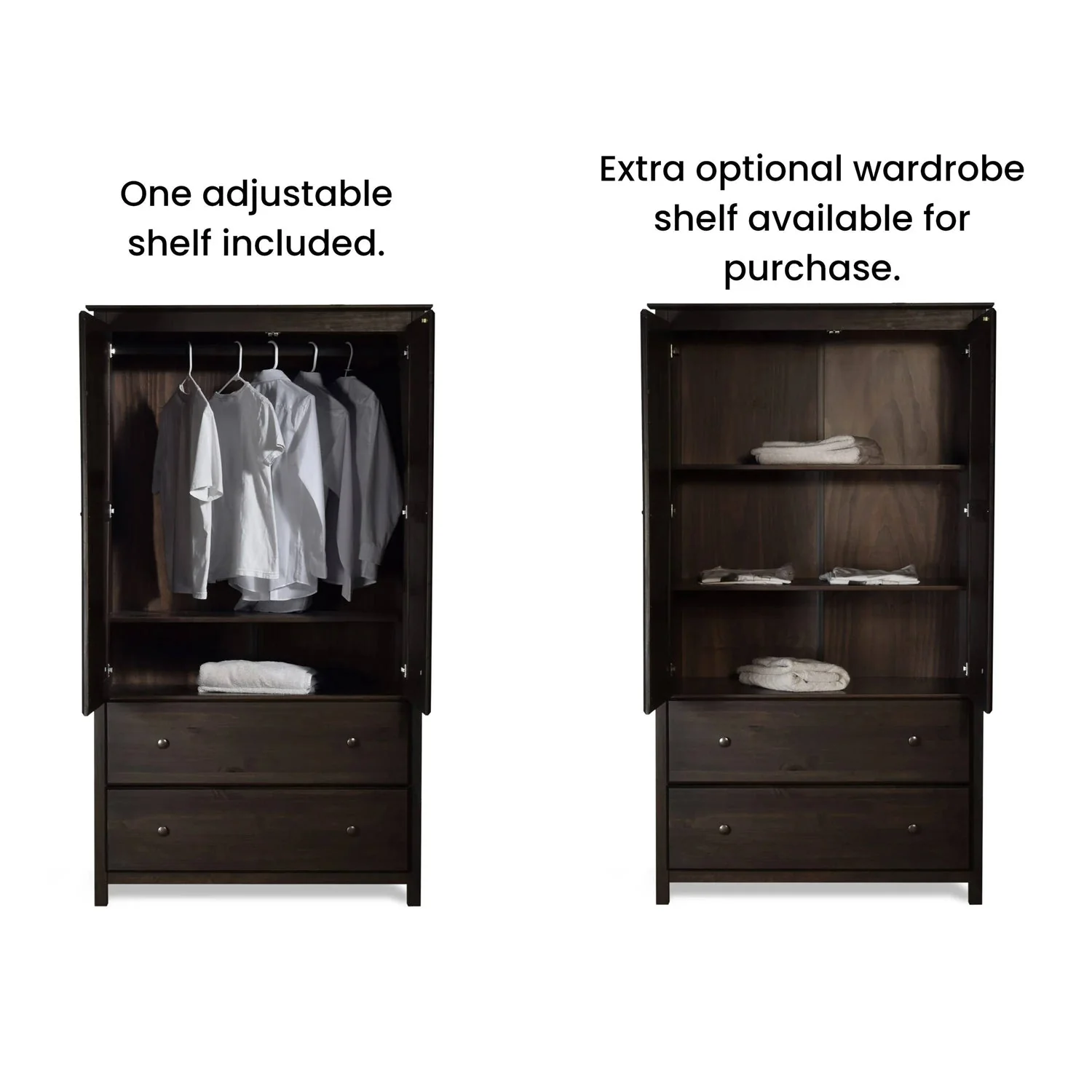 Brown Espresso Solid Wood Bedroom Armoire Wardrobe Cabinet with Hanging Bar - Image 4