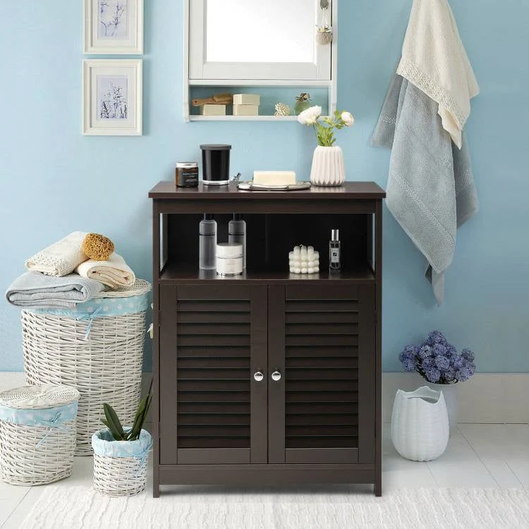 Brown Farmhouse Bathroom Linen Cabinet with Louvered Doors and Open Shelf - Image 2