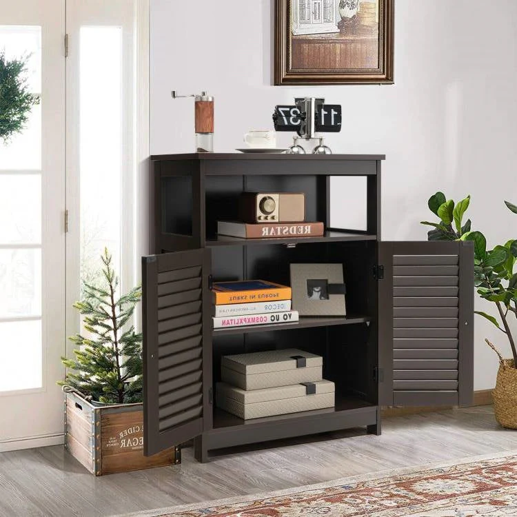 Brown Farmhouse Bathroom Linen Cabinet with Louvered Doors and Open Shelf - Image 3