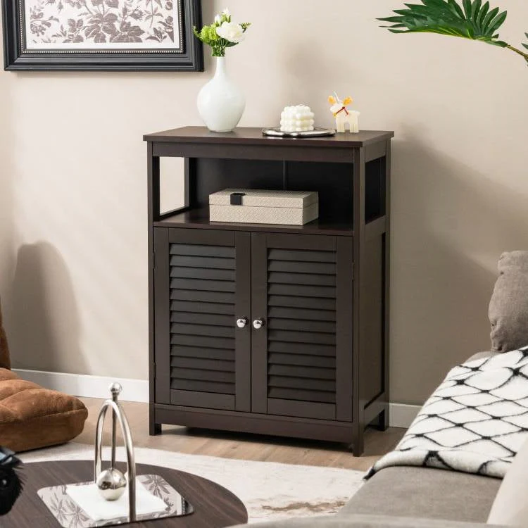 Brown Farmhouse Bathroom Linen Cabinet with Louvered Doors and Open Shelf - Image 4