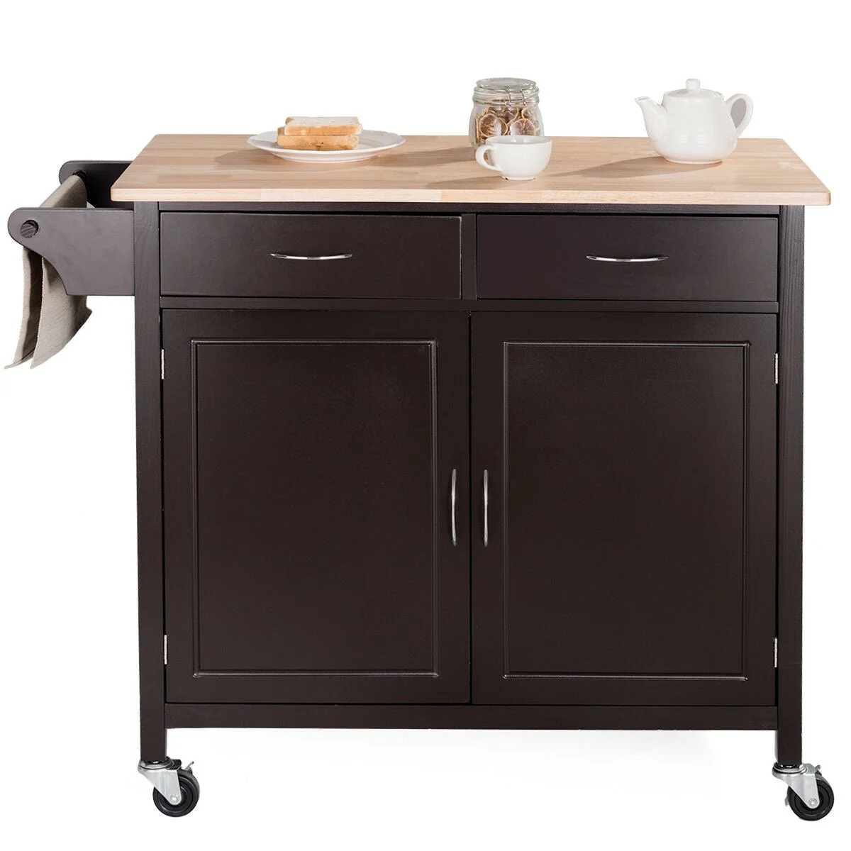 Brown Kitchen Island Storage Cart with Wood Top and Casters - Image 2