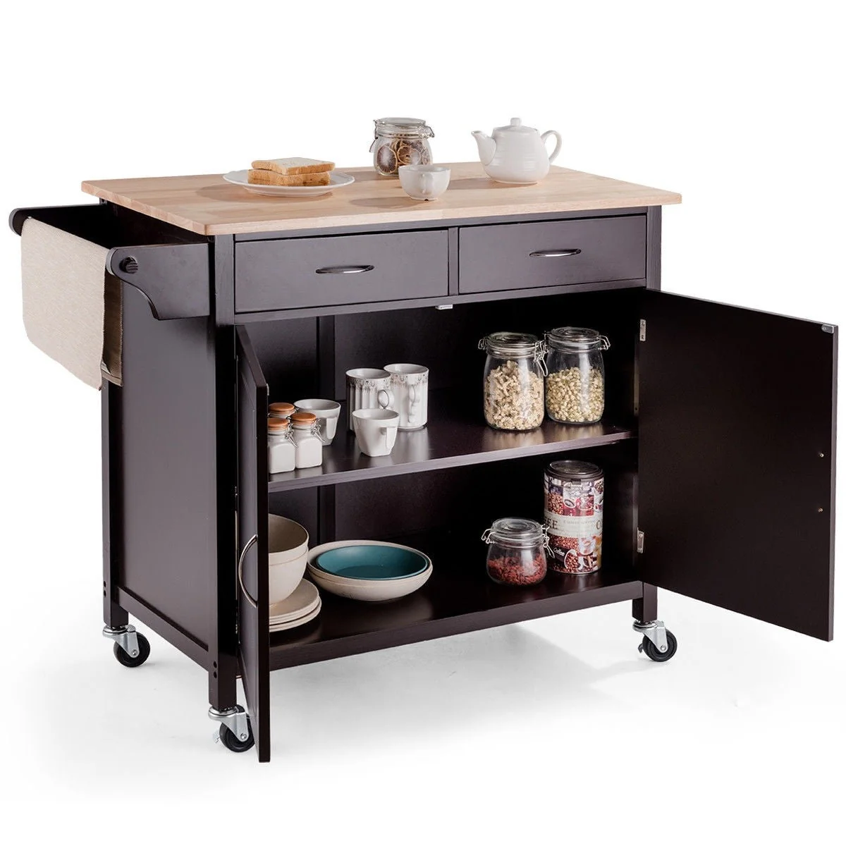 Brown Kitchen Island Storage Cart with Wood Top and Casters - Image 4