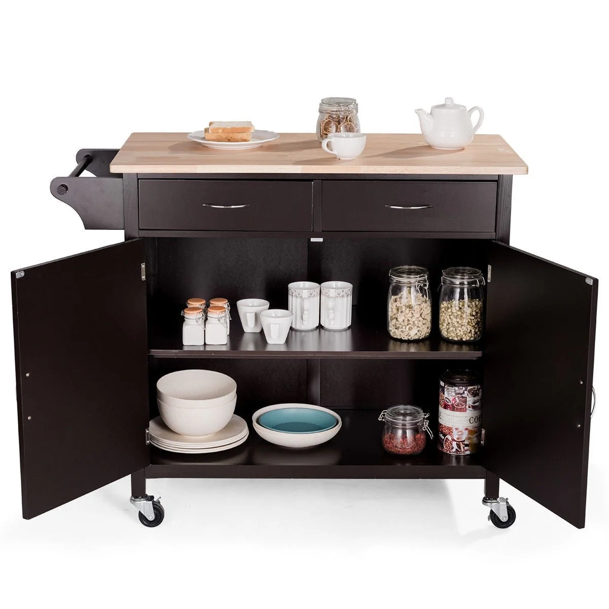 Brown Kitchen Island Storage Cart with Wood Top and Casters - Image 5