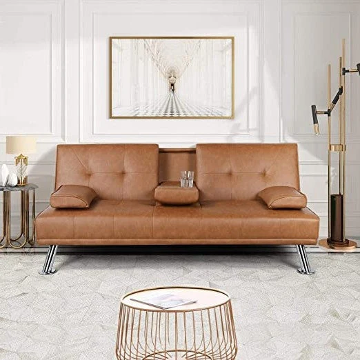 Brown Modern Faux Leather Cup Holders Convertible Sofa Bed Futon Sleeper - Image 2