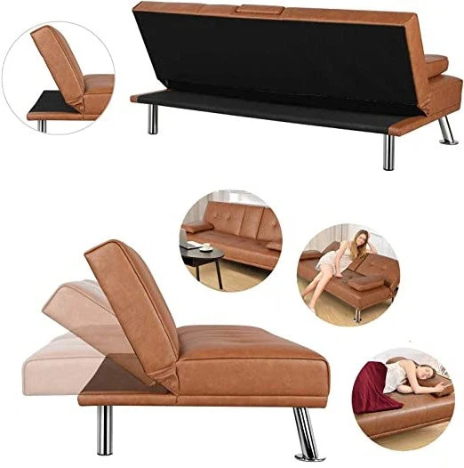Brown Modern Faux Leather Cup Holders Convertible Sofa Bed Futon Sleeper - Image 3