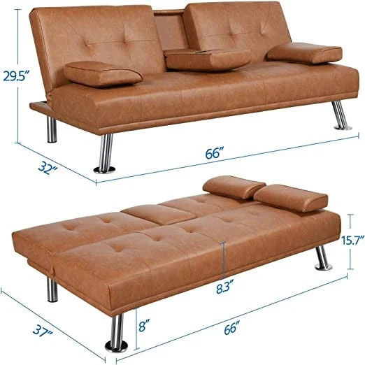 Brown Modern Faux Leather Cup Holders Convertible Sofa Bed Futon Sleeper - Image 4