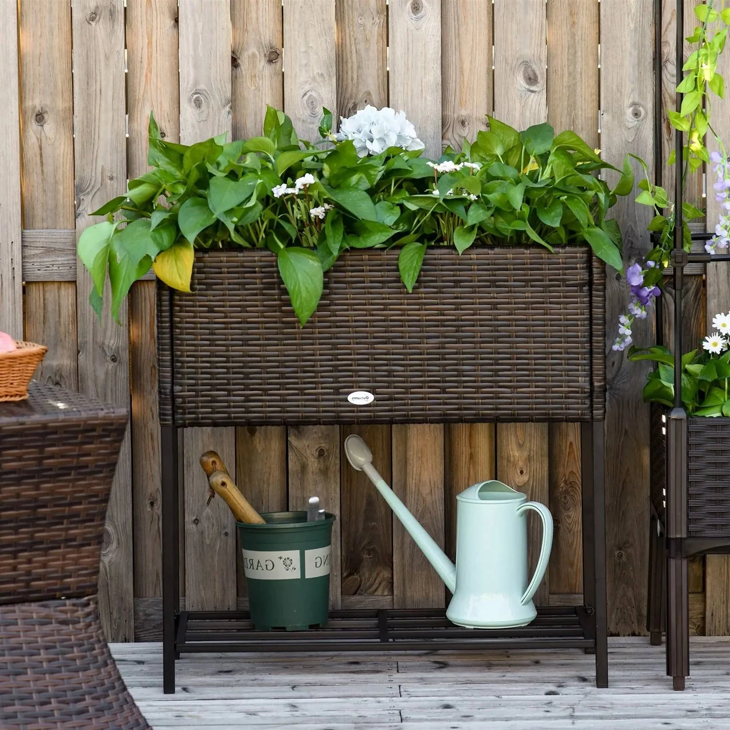 Brown Modern PE Rattan Wicker Raised Garden Bed Elevated Planter Box - Image 2