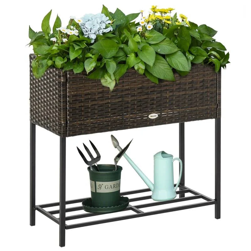 Brown Modern PE Rattan Wicker Raised Garden Bed Elevated Planter Box - Image 3