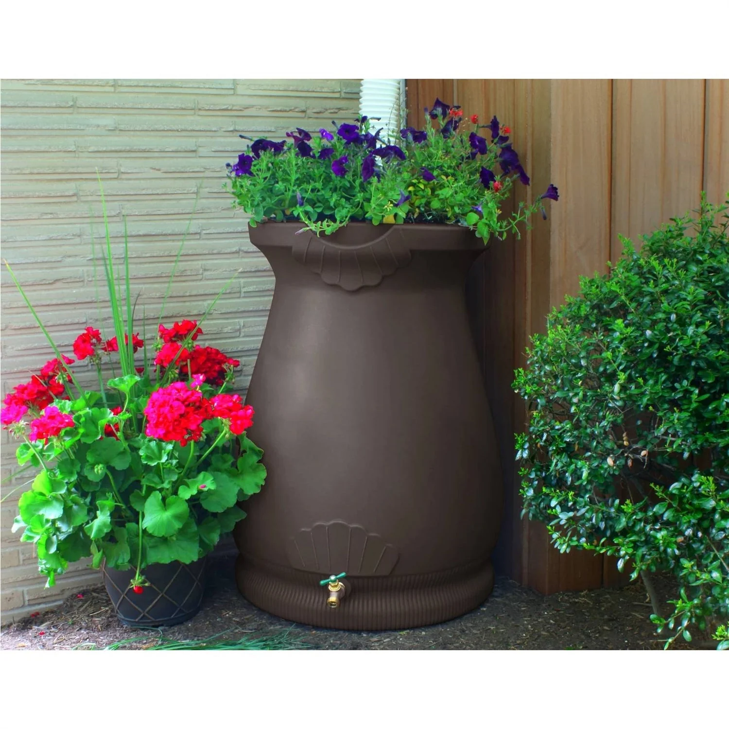 Brown Oak 65 Gallon Plastic Urn Rain Barrel with Planter Top - Image 2