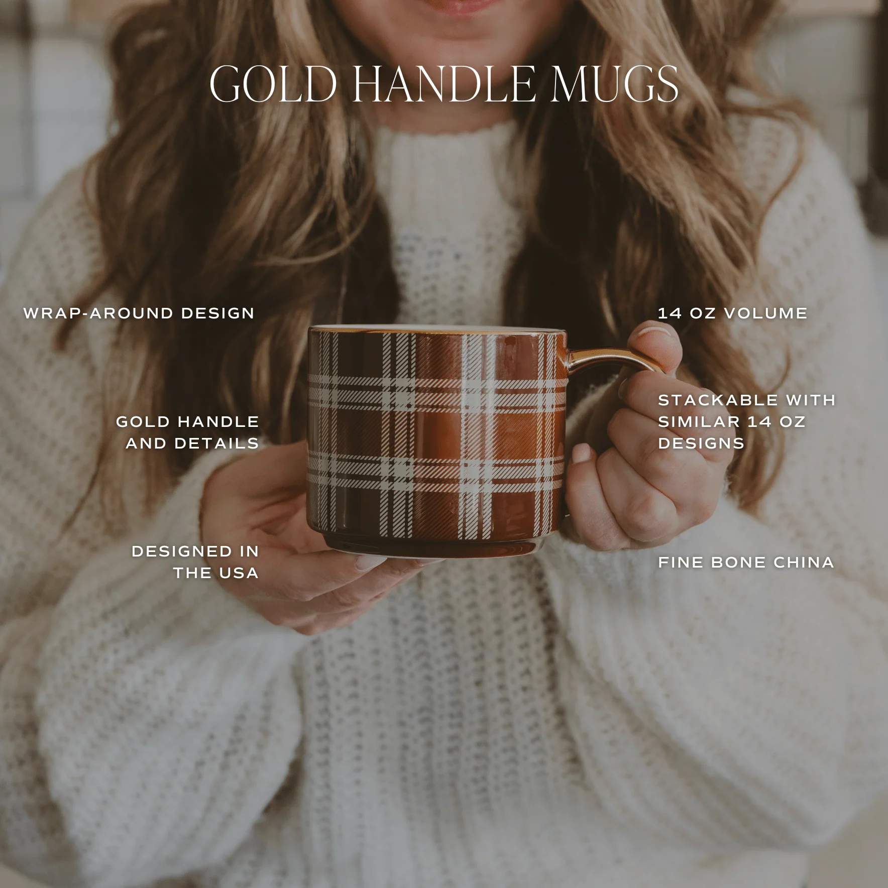 Brown Plaid 14oz. Gold Handle Coffee Mug - Image 4