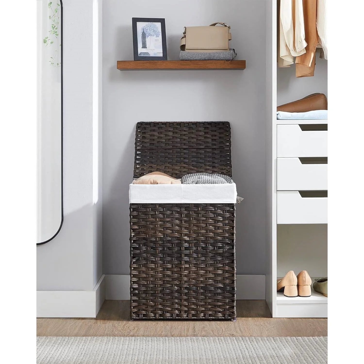 Brown PP Rattan 24-Gal Laundry Hamper Basket w/ 2-Compartment Washable Liner Bag - Image 2