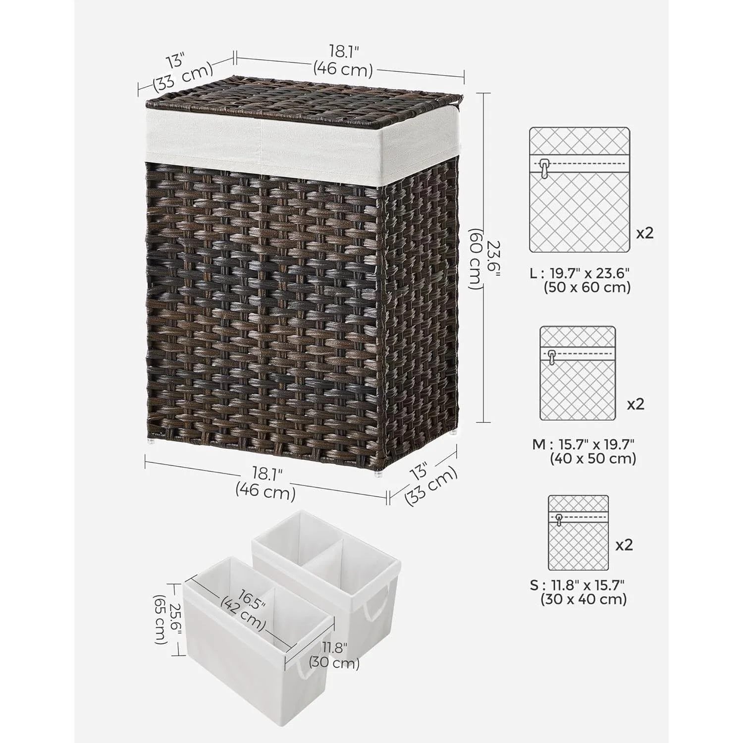 Brown PP Rattan 24-Gal Laundry Hamper Basket w/ 2-Compartment Washable Liner Bag - Image 5