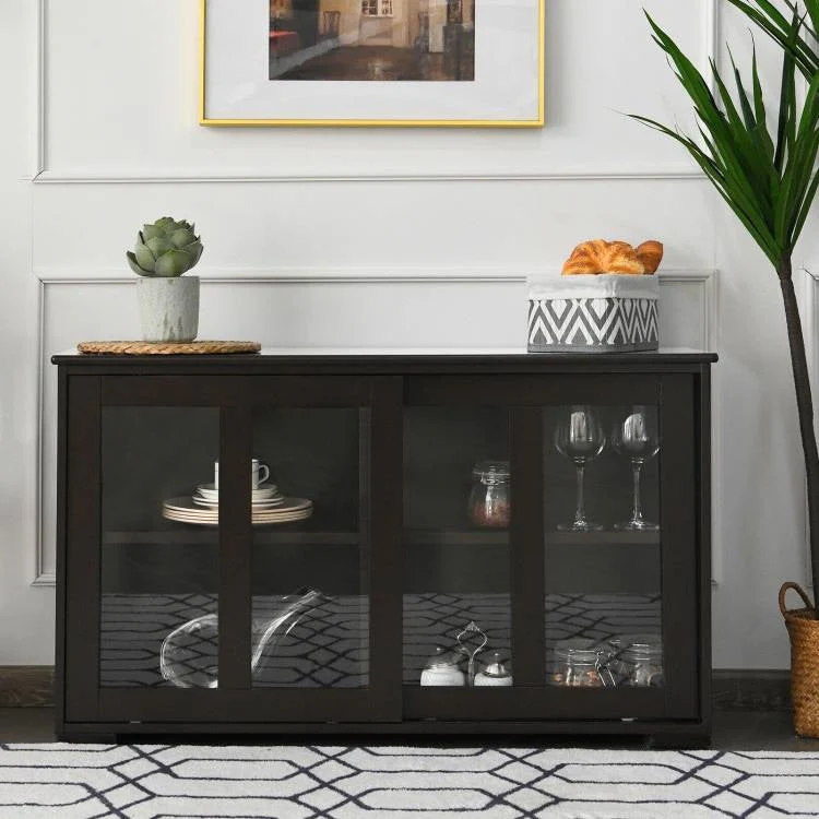 Brown Wood Buffet Kitchen Dining Sideboard Storage Cabinet w/ Glass Sliding Door - Image 2
