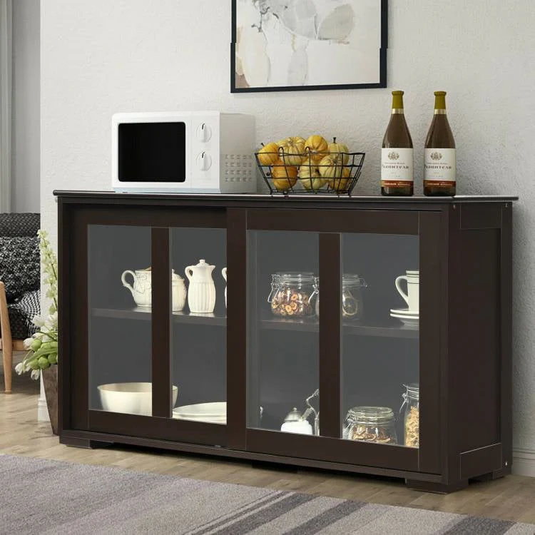 Brown Wood Buffet Kitchen Dining Sideboard Storage Cabinet w/ Glass Sliding Door - Image 3