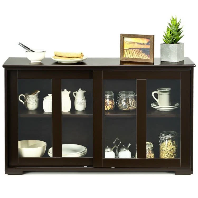 Brown Wood Buffet Kitchen Dining Sideboard Storage Cabinet w/ Glass Sliding Door - Image 4