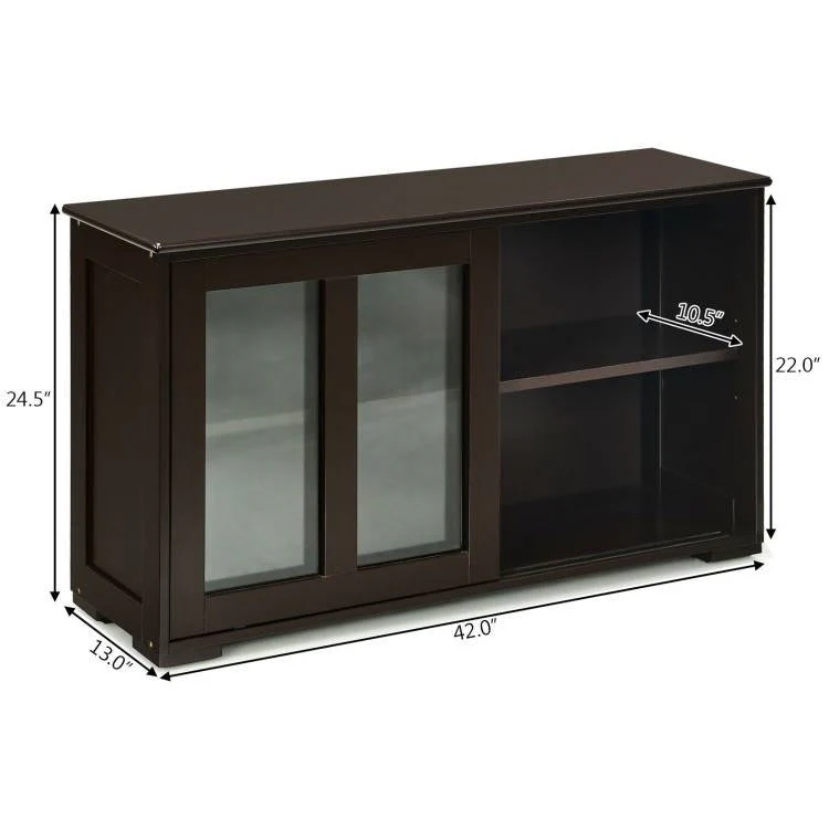 Brown Wood Buffet Kitchen Dining Sideboard Storage Cabinet w/ Glass Sliding Door - Image 5