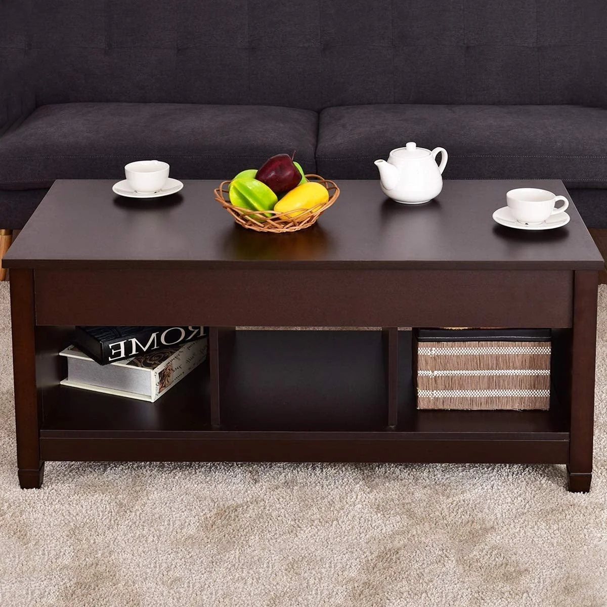 Brown Wood Lift Top Coffee Table with Hidden Storage Space - Image 4