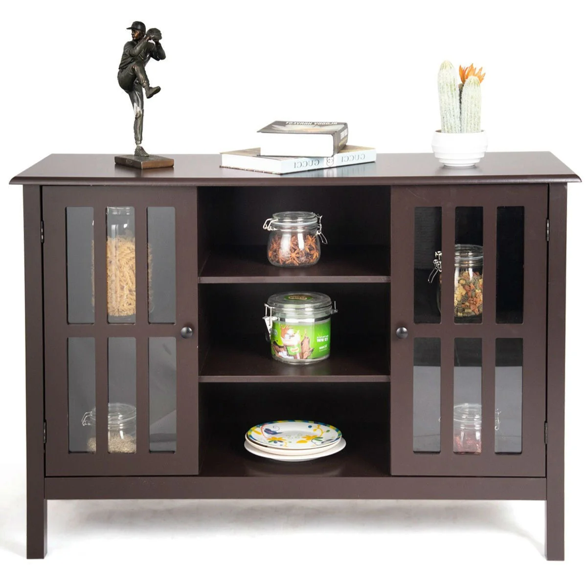 Brown Wood Sofa Tale Console Cabinet with Tempered Glass Panel Doors - Image 2