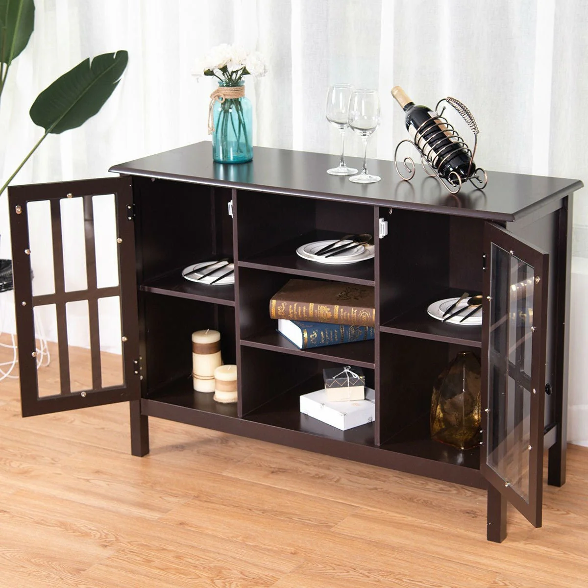 Brown Wood Sofa Tale Console Cabinet with Tempered Glass Panel Doors - Image 5