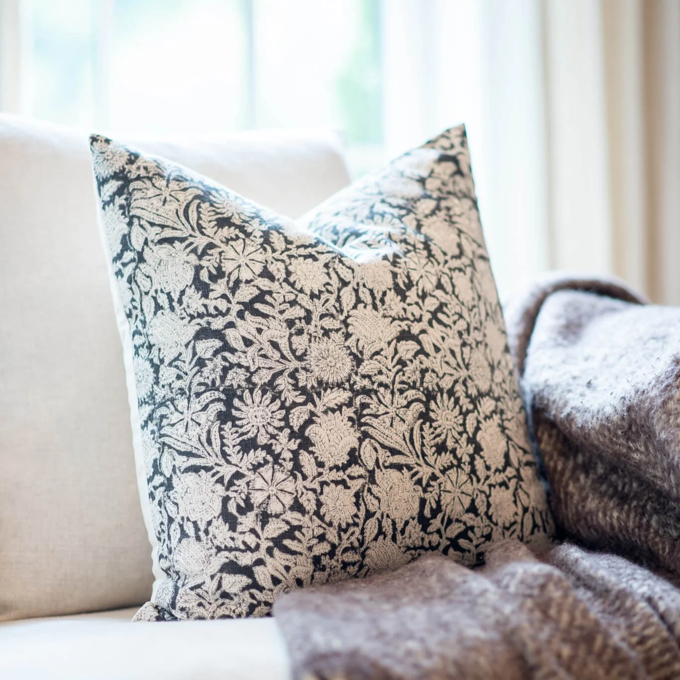 Burgos Floral Block Printed Pillow Cover | Black - Image 2