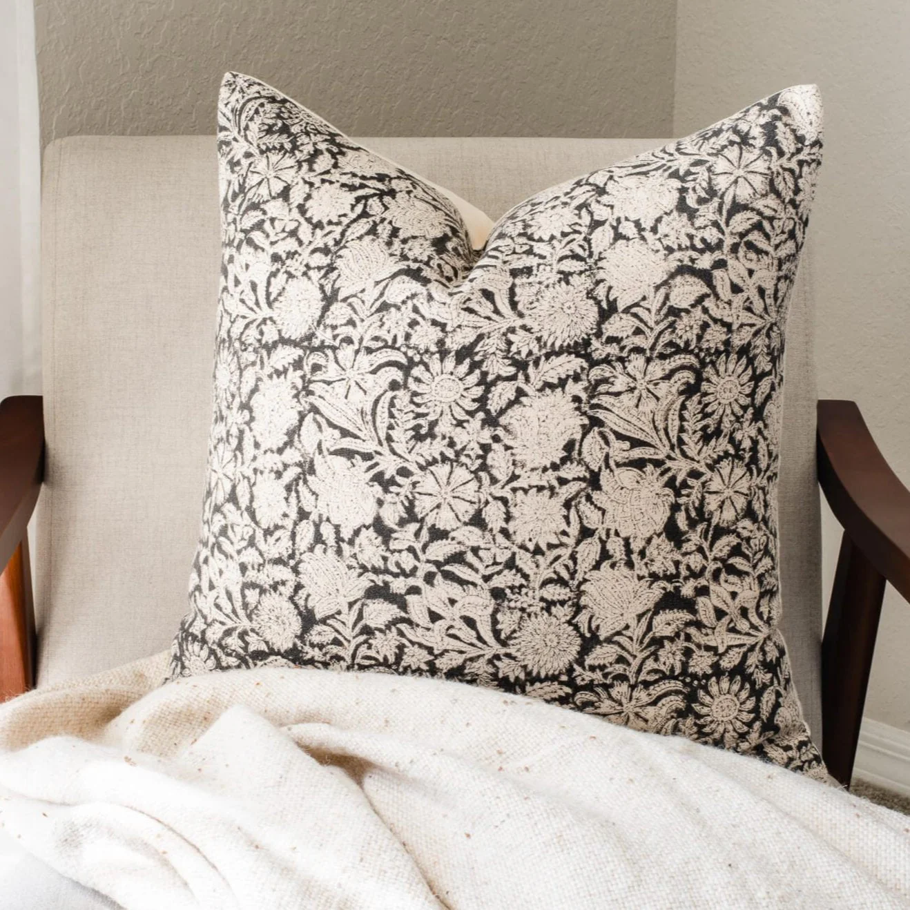 Burgos Floral Block Printed Pillow Cover | Black - Image 5