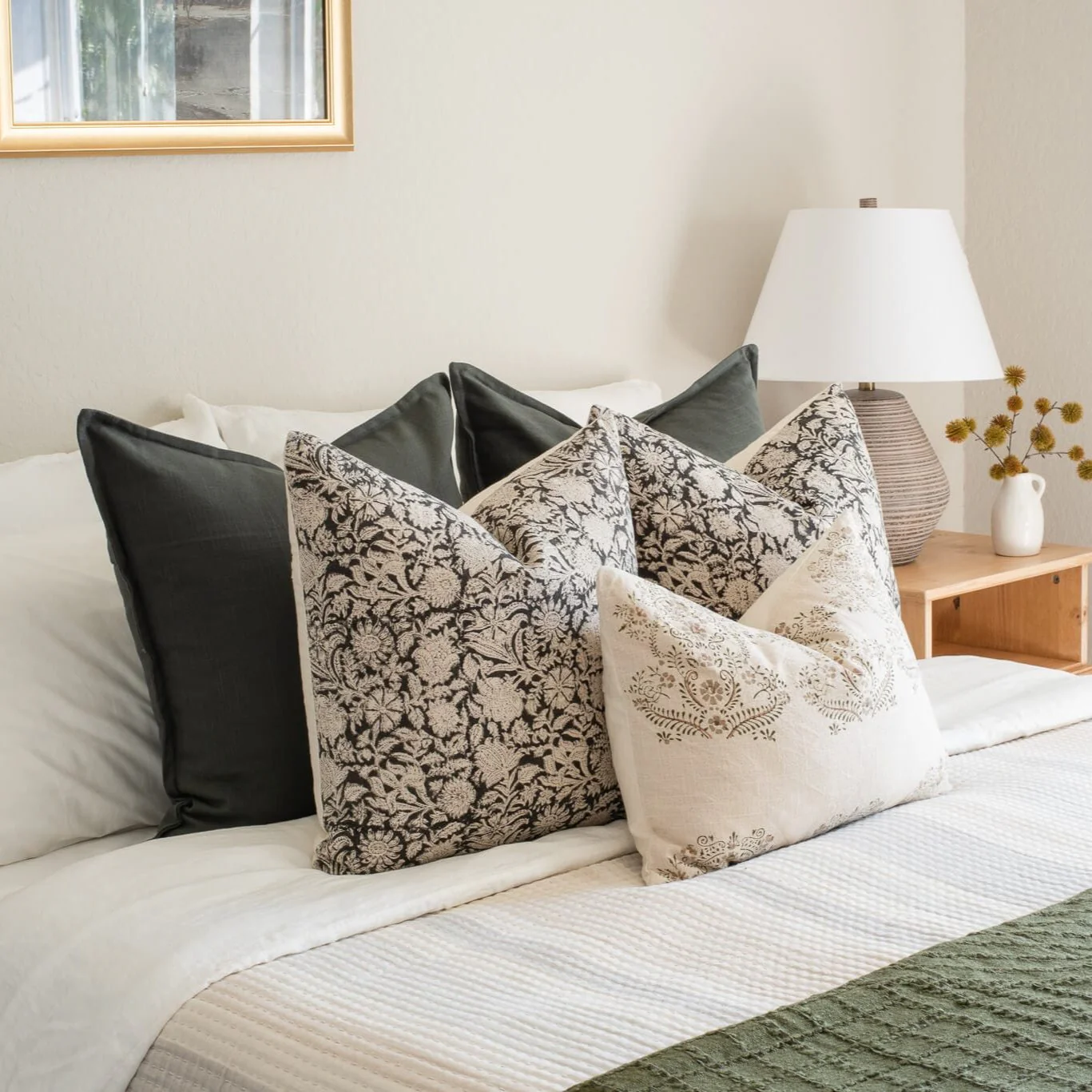 Burgos Floral Block Printed Pillow Cover | Black - Image 9