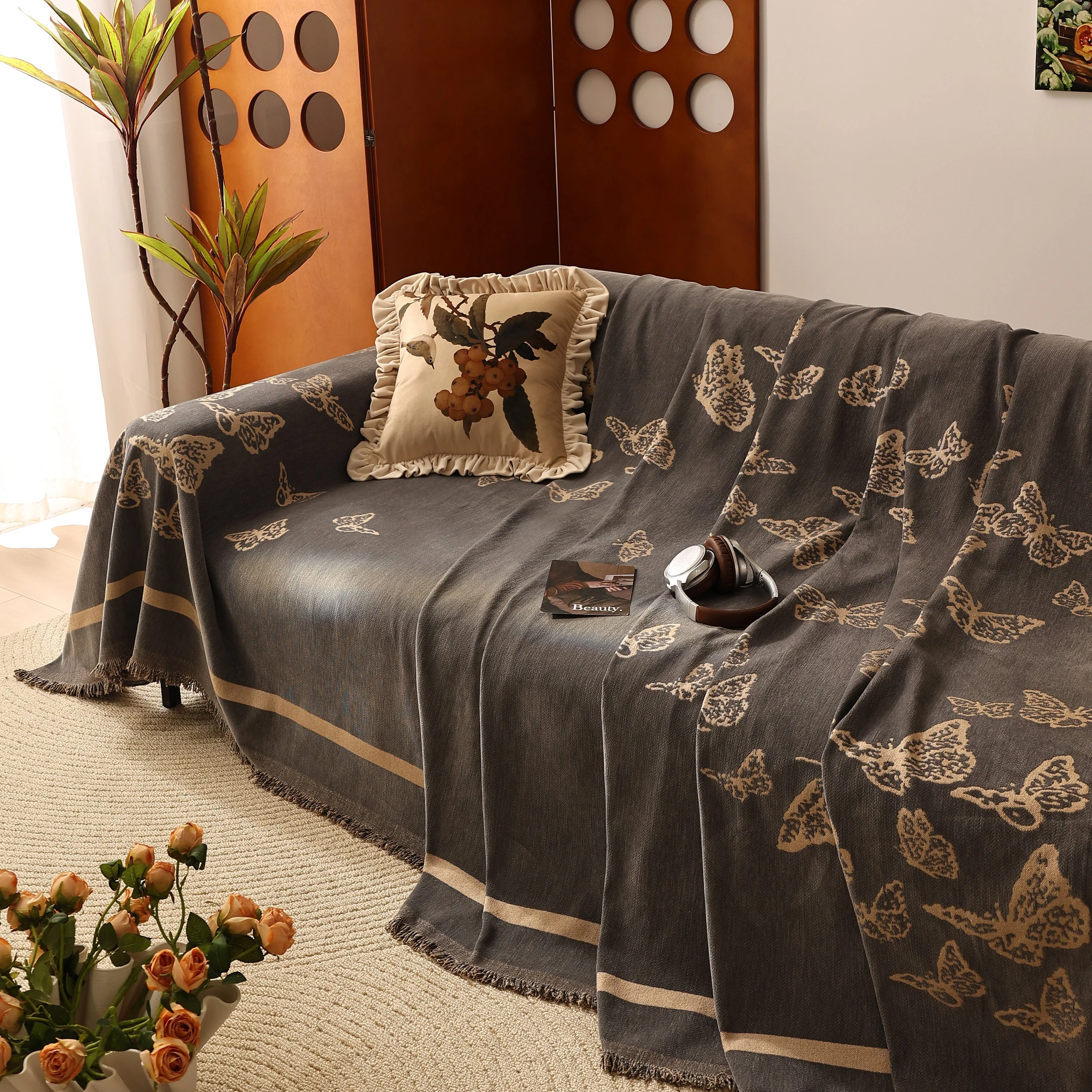 Butterfly Jacquard Soft Couch Blankets Cover for Couch Reversible Modern Sofa Slipcover Throw Covers - Image 57