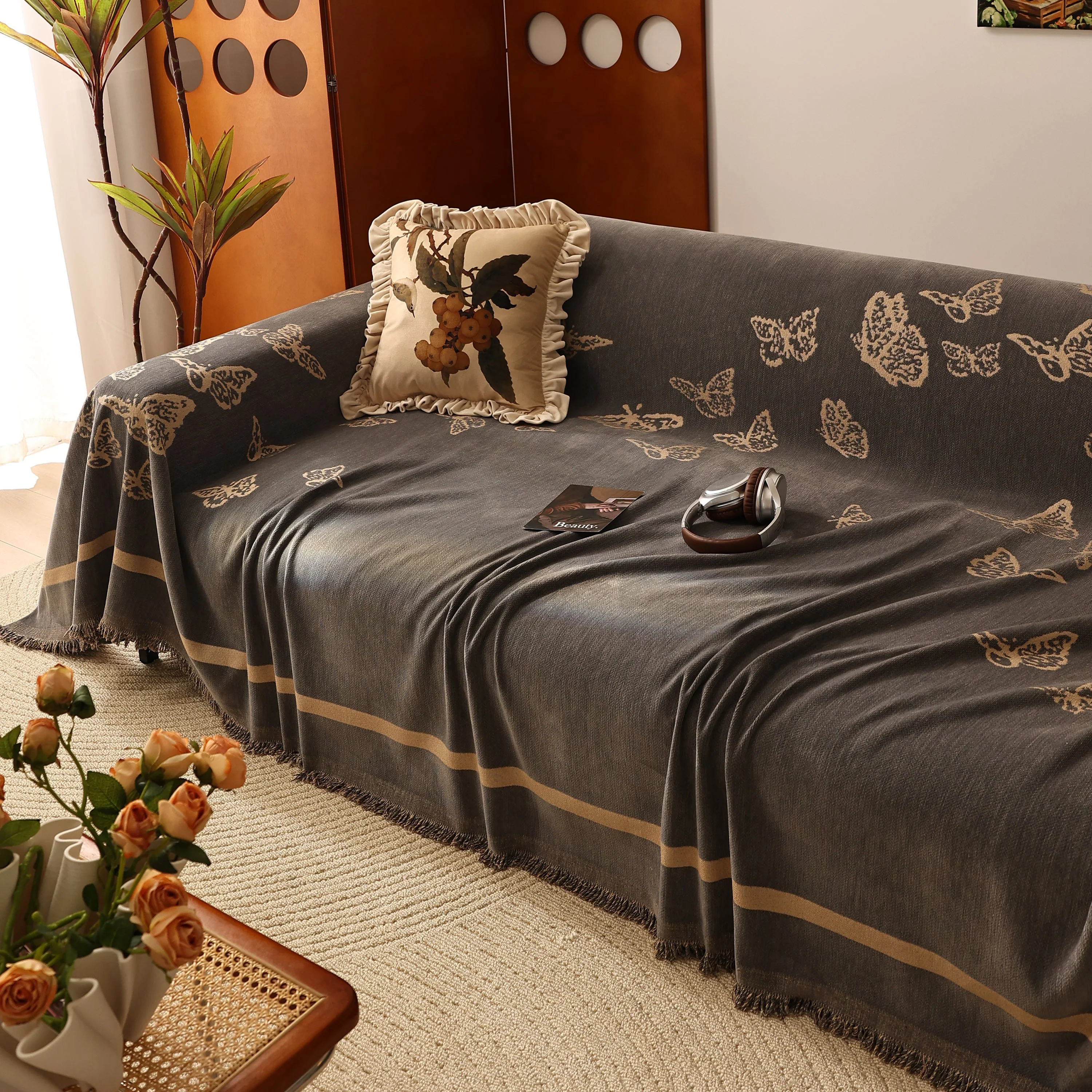 Butterfly Jacquard Soft Couch Blankets Cover for Couch Reversible Modern Sofa Slipcover Throw Covers - Image 76