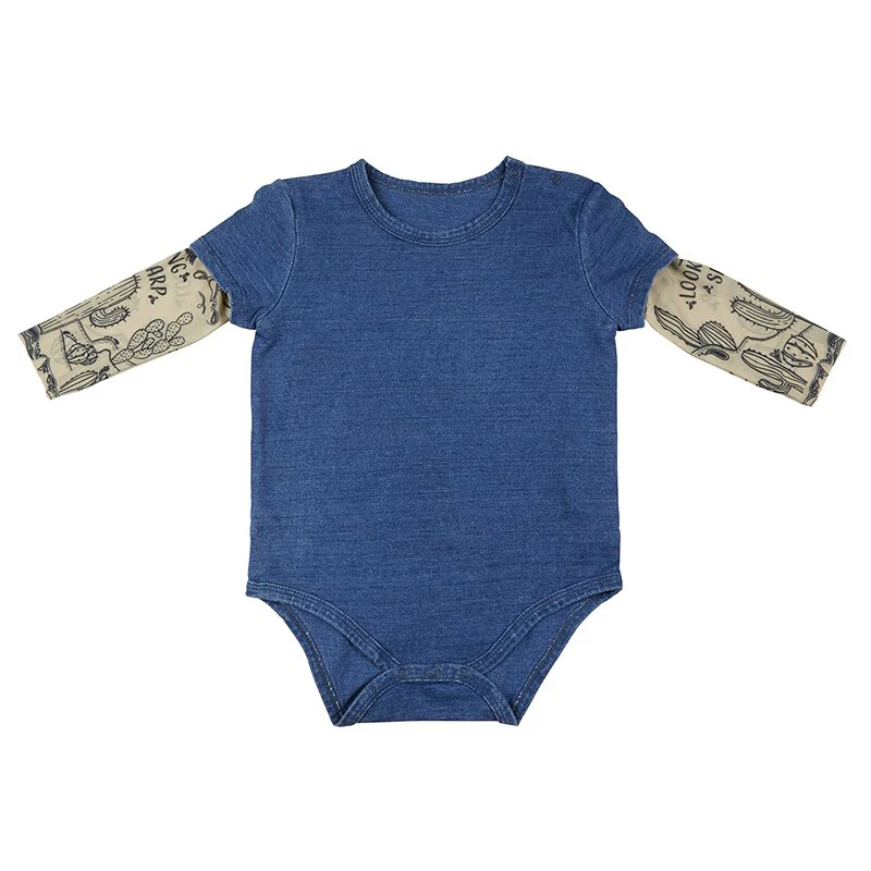 Cactus Tattoo Snapshirt Baby Bodysuit in Blue | Unisex Infant Size 6-12 Months | Cowboy Western Funny Full Sleeve Tattoo Infant Shirt - Image 3