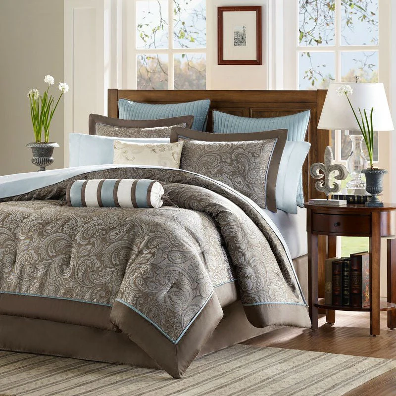 California King 12-piece Reversible Cotton Comforter Set in Brown and Blue - Image 4