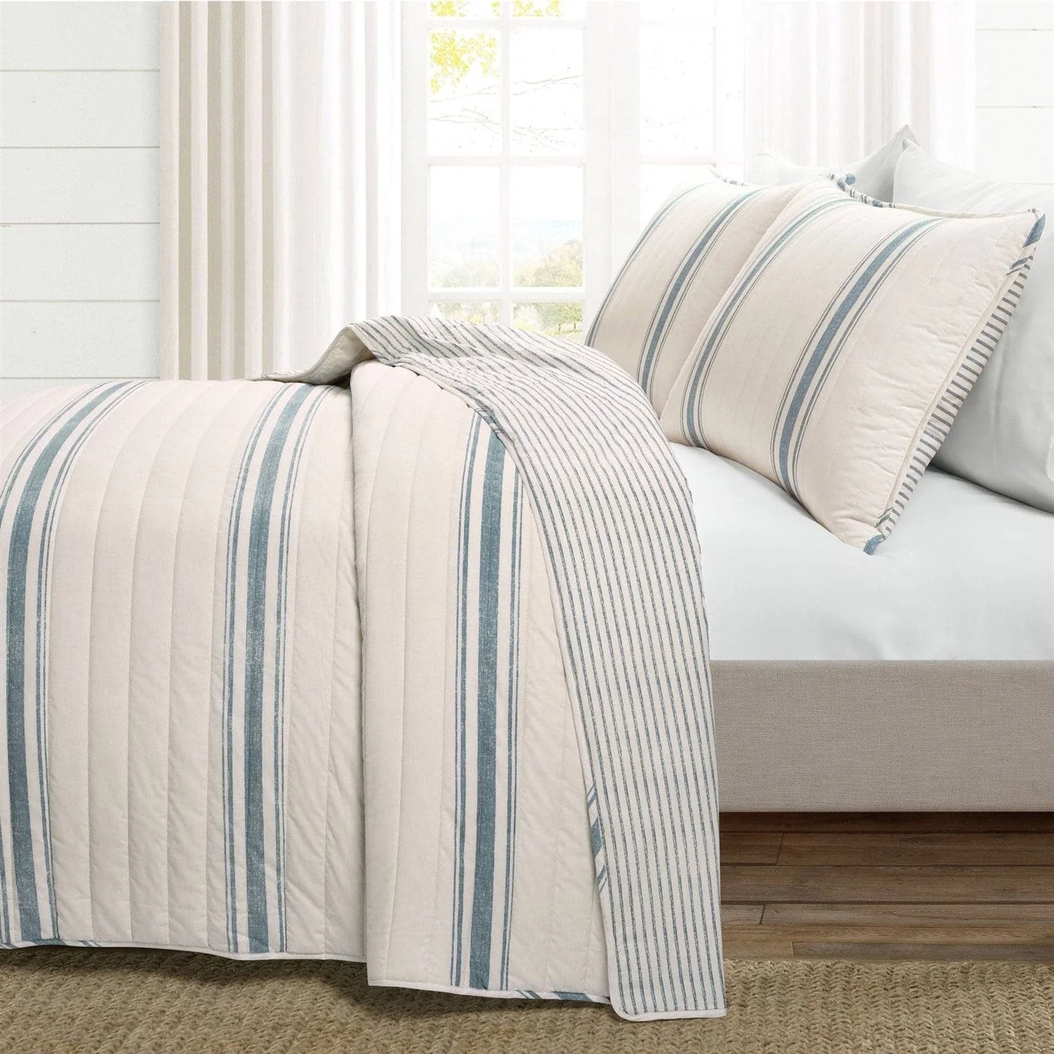 California King Blue Off-White Cream Stripe 3 Piece Reversible Cotton Quilt Set - Image 2