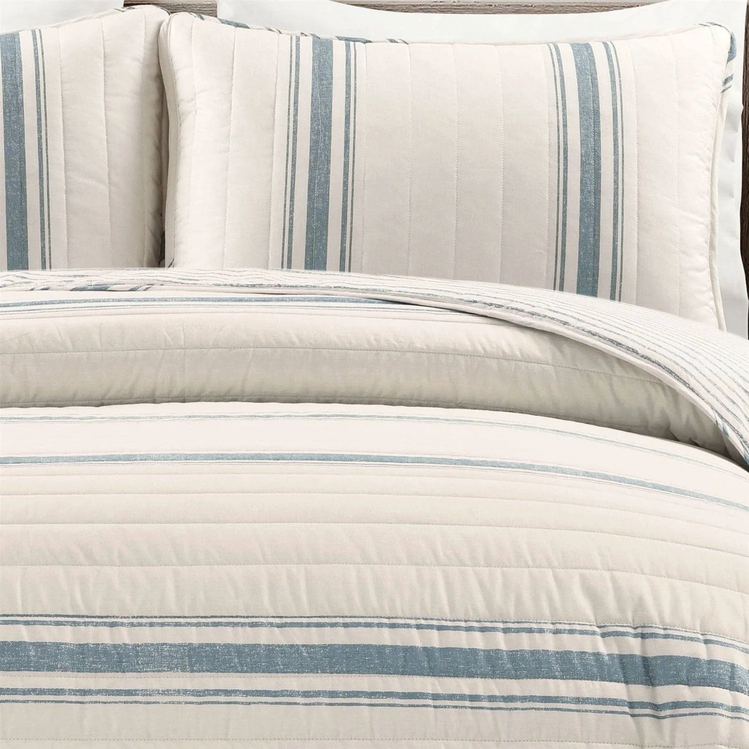 California King Blue Off-White Cream Stripe 3 Piece Reversible Cotton Quilt Set - Image 3
