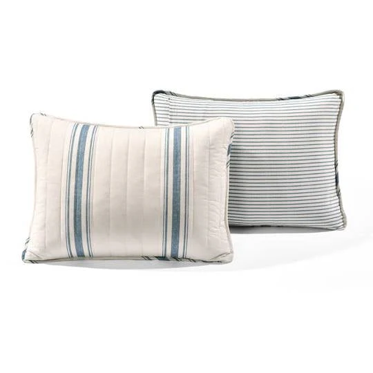 California King Blue Off-White Cream Stripe 3 Piece Reversible Cotton Quilt Set - Image 5