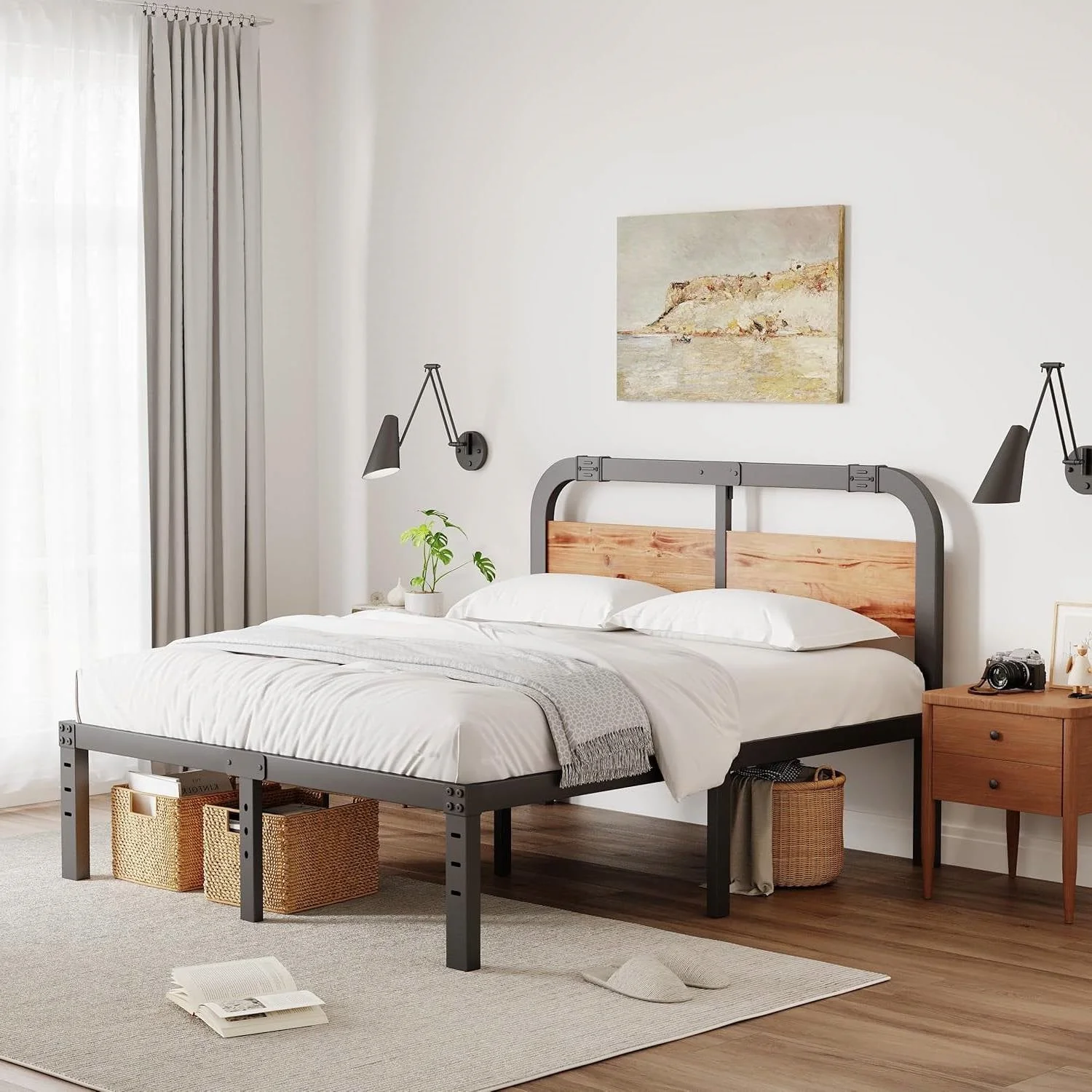 California King Heavy Duty Black Metal Bed Frame with Wood Panel Headboard - Image 2