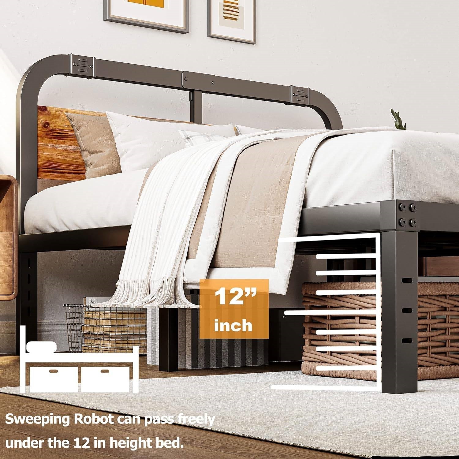 California King Heavy Duty Black Metal Bed Frame with Wood Panel Headboard - Image 3