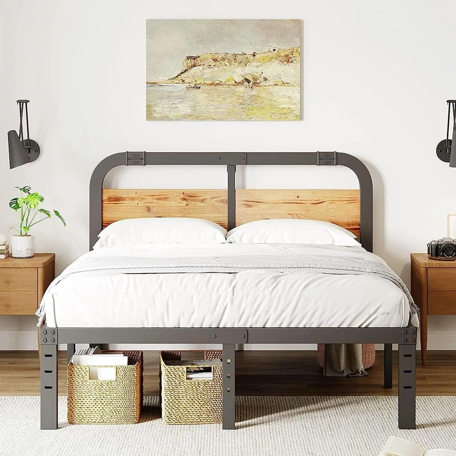 California King Heavy Duty Black Metal Bed Frame with Wood Panel Headboard - Image 4