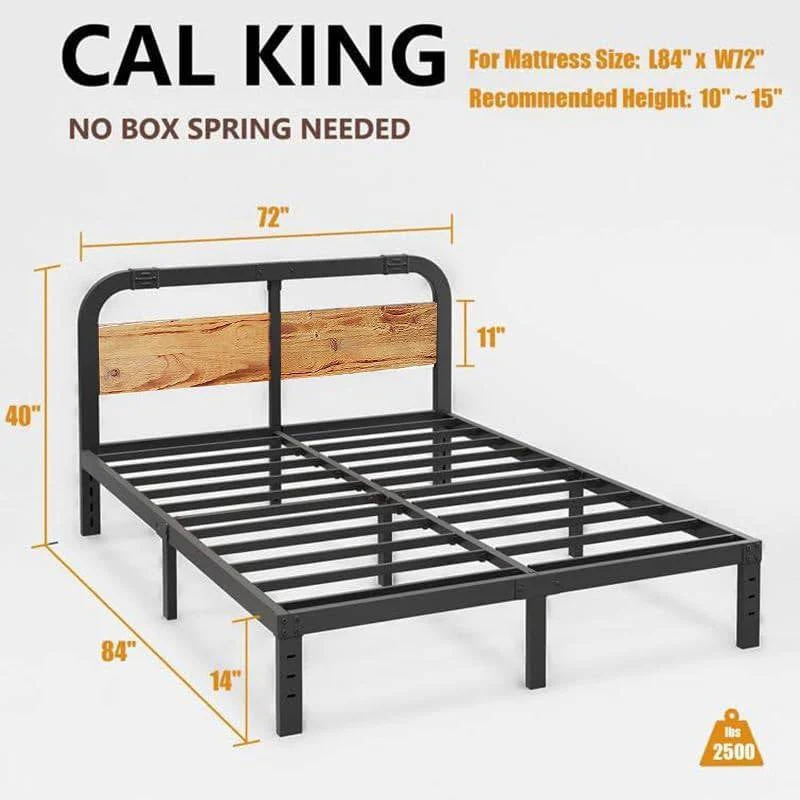 California King Heavy Duty Black Metal Bed Frame with Wood Panel Headboard - Image 5